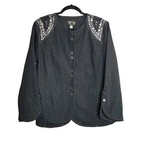 Bob Mackie Wearable Art Black Denim Button Jacket Embellished Maximalist Artsy L